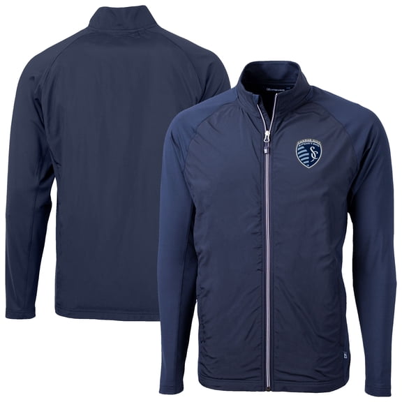 Men's-Cutter & Buck  Navy Sporting Kansas City Adapt Eco Knit Hybrid Recycled Raglan Full-Zip Jacket