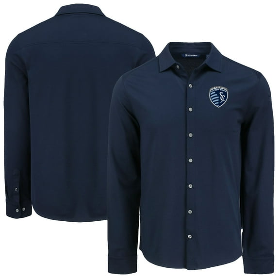 Men's-Cutter & Buck  Navy Sporting Kansas City Advantage Tri-Blend Eco Soft Pique Long Sleeve Knitted Button-Up Top