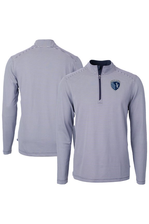 Men's-Cutter & Buck Navy Sporting Kansas City Big & Tall Virtue Eco Pique Micro Stripe Recycled Quarter-Zip