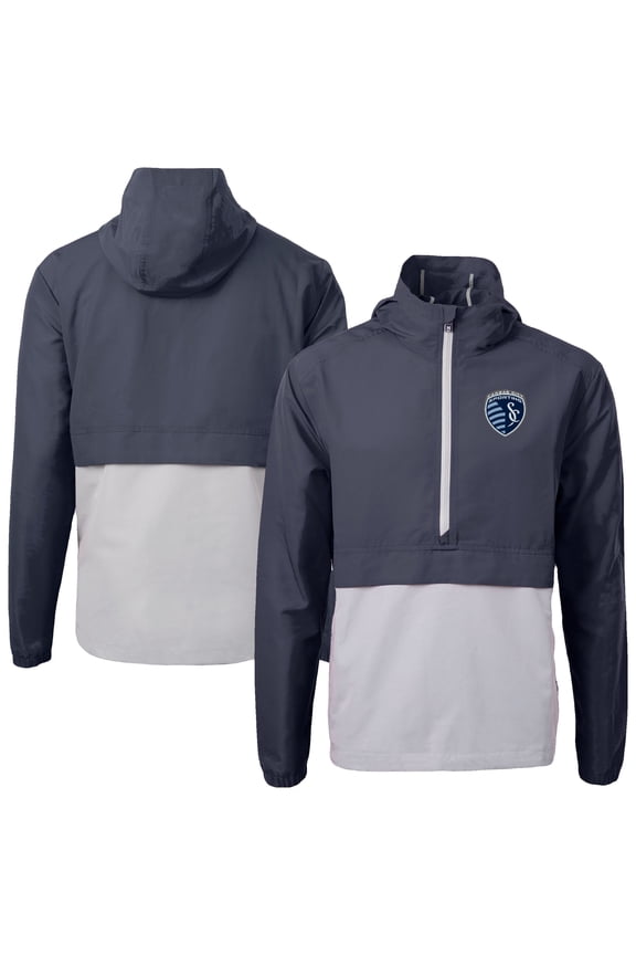 Men's-Cutter & Buck Navy Sporting Kansas City Charter Eco Recycled Anorak Hooded Half-Zip Jacket