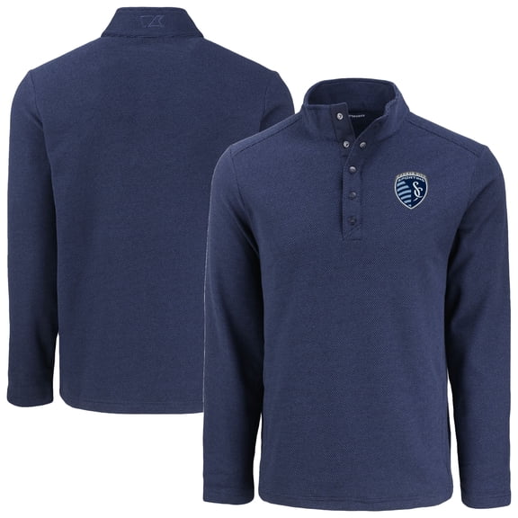 Men's-Cutter & Buck  Navy Sporting Kansas City Hunts Point Eco Textured Fleece Recycled Quarter-Snap Pullover Top