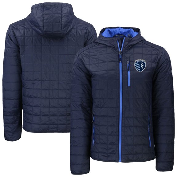Men's-Cutter & Buck Navy Sporting Kansas City Rainier Primaloft Eco Full-Zip Hooded Jacket