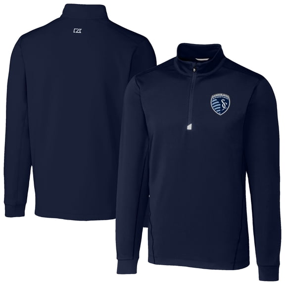 Men's-Cutter & Buck  Navy Sporting Kansas City Traverse Stretch Eco Quarter-Zip Pullover Top