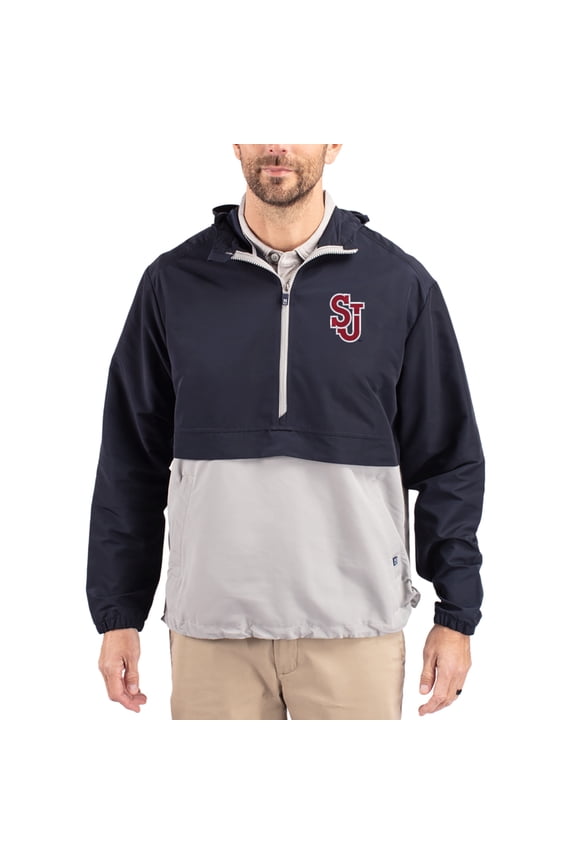 Men's Cutter & Buck Navy St. John's Red Storm Charter Eco Recycled Half-Zip Anorak Jacket