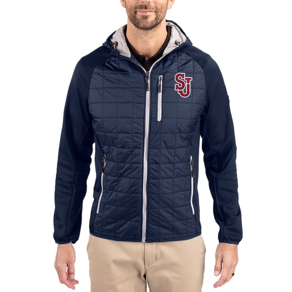 Men's-Cutter & Buck Navy St. John's Red Storm Rainier Eco Hybrid PrimaLoft Raglan Full-Zip Jacket