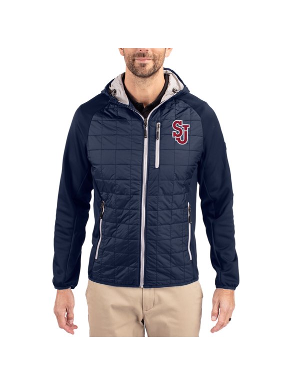 Men's-Cutter & Buck Navy St. John's Red Storm Rainier Eco Hybrid PrimaLoft Raglan Full-Zip Jacket
