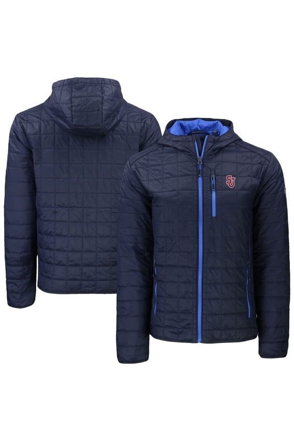 Men's-Cutter & Buck Navy St. John's Red Storm Rainier Eco PrimaLoft Hooded Full-Zip Jacket