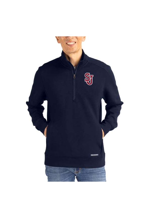 Men's-Cutter & Buck Navy St. John's Red Storm Roam Eco Recycled Quarter-Zip Pullover