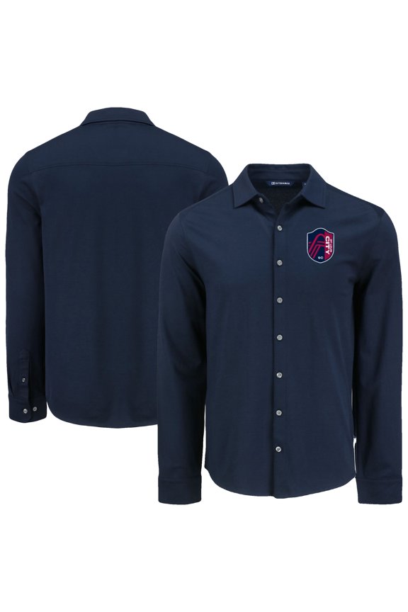 Men's-Cutter & Buck Navy St. Louis City SC Advantage Tri-Blend Eco Soft Pique Long Sleeve Knitted Button-Up Top