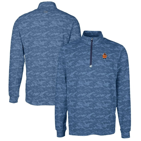 Men's Cutter & Buck Navy Syracuse Orange Vault DryTec Traverse Camo Print Stretch Quarter-Zip Jacket