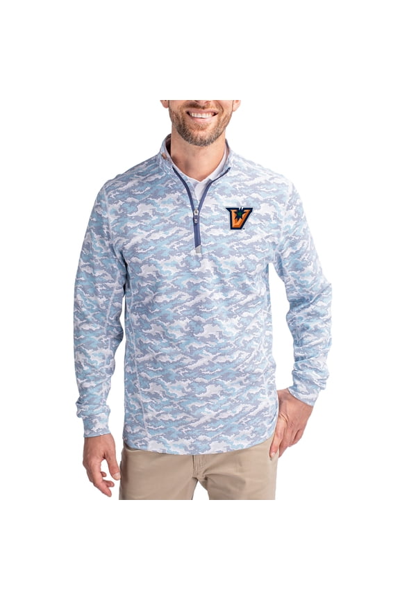 Men's-Cutter & Buck  Navy Texas-Rio Grande Valley Vaqueros Traverse Stretch Eco Camo DryTec Tri-Blend Quarter-Zip