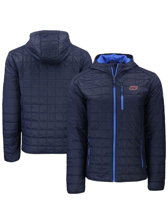 Men's-Cutter & Buck Navy UIC Flames Rainier Eco PrimaLoft Hooded Full-Zip Jacket