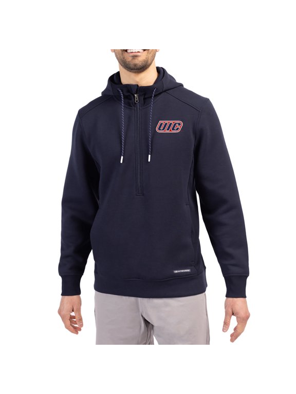 Men's-Cutter & Buck Navy UIC Flames Roam Eco Recycled Half-Zip Pullover Hoodie