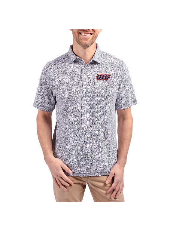Men's Cutter & Buck Navy UIC Flames Virtue Eco Pique Botanical Print Recycled DryTec Polo