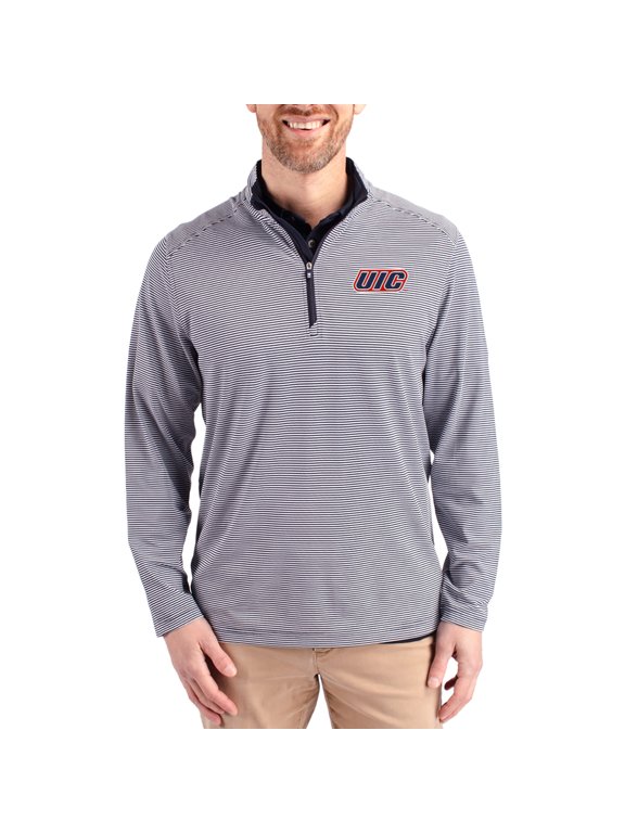 Men's-Cutter & Buck Navy UIC Flames Virtue Micro Stripe DryTec Quarter-Zip Pullover