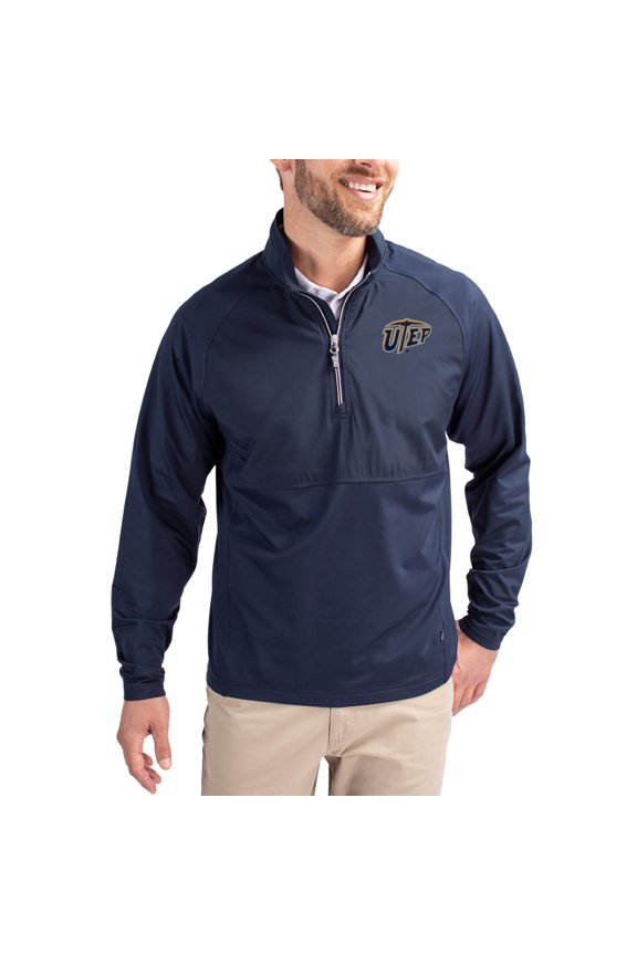 Men's Cutter & Buck Navy UTEP Miners Adapt Eco Knit Hybrid Recycled Quarter-Zip Jacket