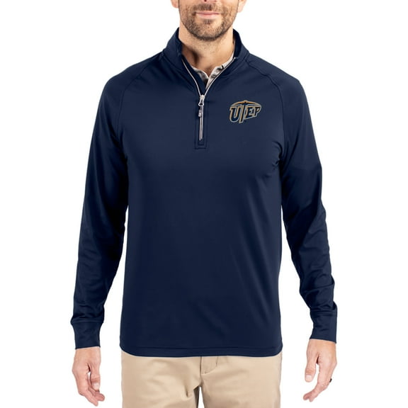 Men's Cutter & Buck Navy UTEP Miners Adapt Eco Knit Stretch Recycled Quarter-Zip Pullover