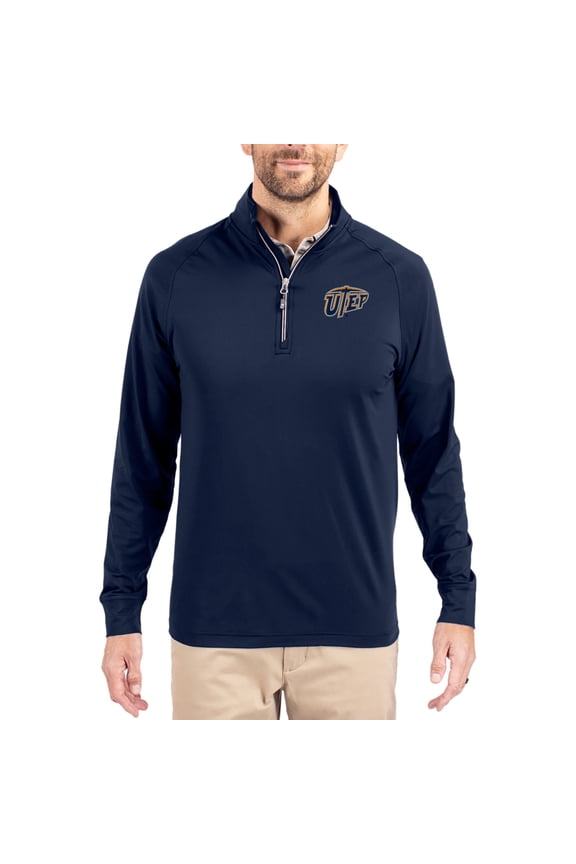 Men's Cutter & Buck Navy UTEP Miners Adapt Eco Knit Stretch Recycled Quarter-Zip Pullover
