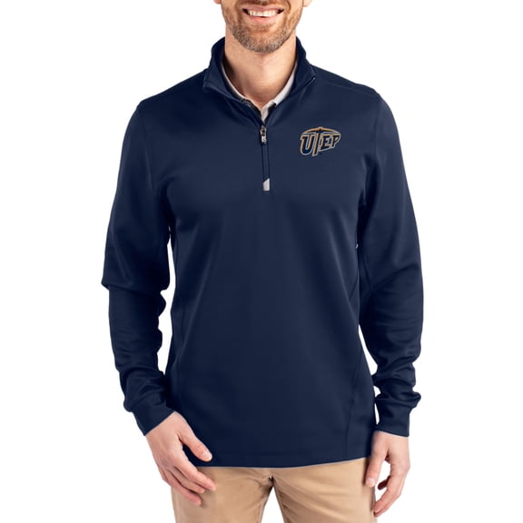 Men's-Cutter & Buck Navy UTEP Miners DryTec Traverse Stretch Eco Tri-Blend Quarter-Zip Pullover