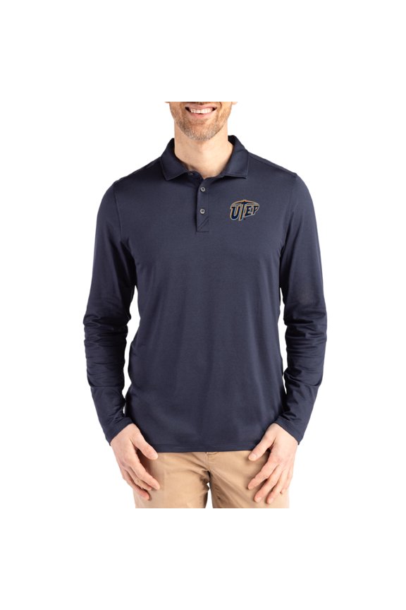 Men's Cutter & Buck Navy UTEP Miners Primary Coastline Epic Comfort Long-Sleeve Polo