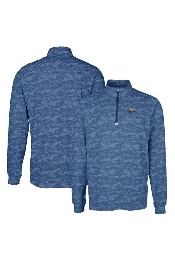Men's Cutter & Buck Navy UTEP Miners Traverse Camo Print Stretch Quarter-Zip Pullover Top