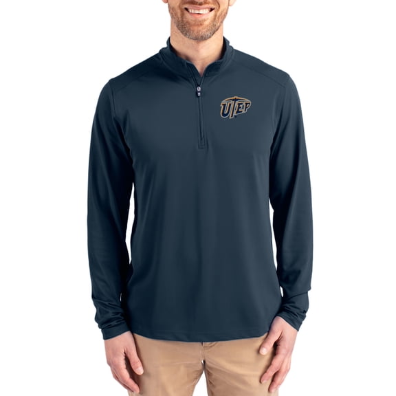 Men's-Cutter & Buck Navy UTEP Miners Virtue DryTec Quarter-Zip Pullover