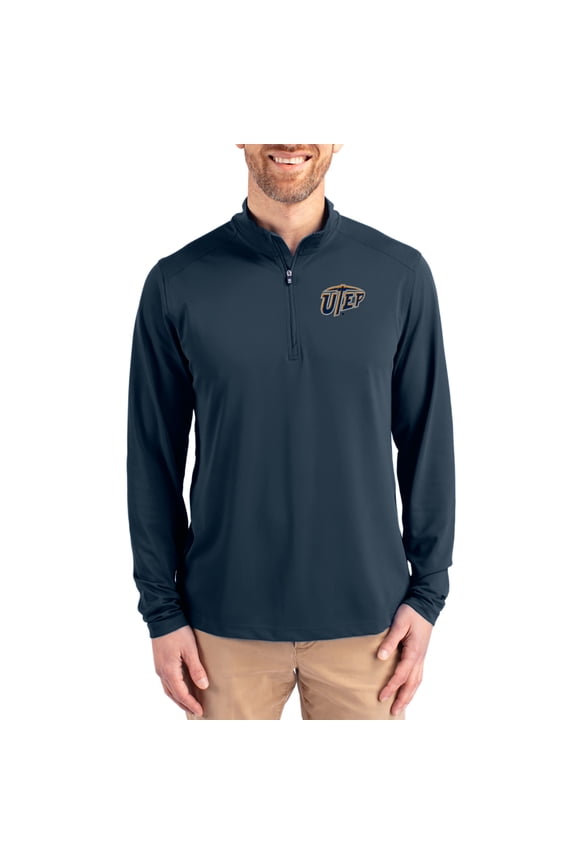 Men's-Cutter & Buck Navy UTEP Miners Virtue DryTec Quarter-Zip Pullover
