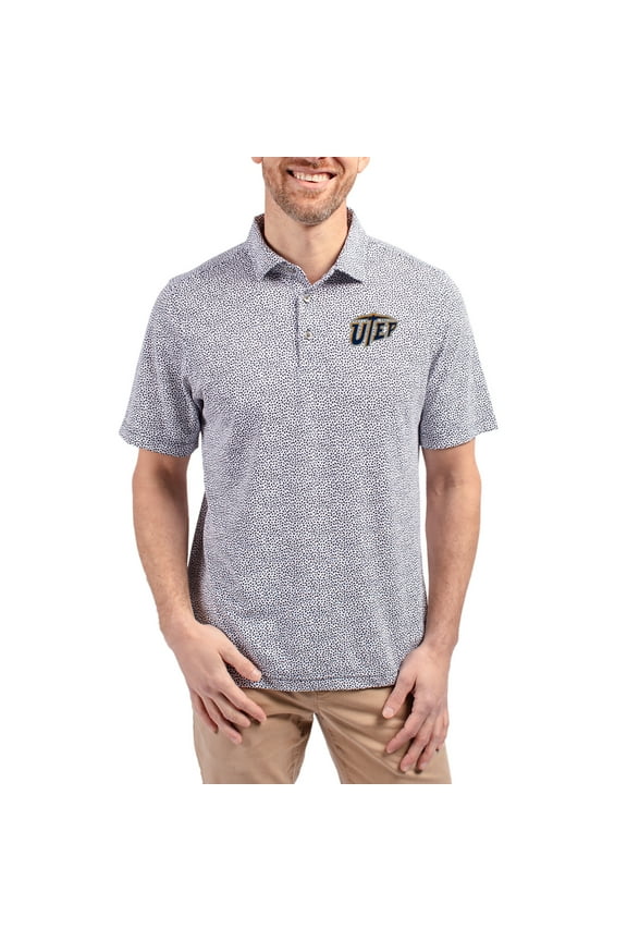 Men's Cutter & Buck Navy UTEP Miners Virtue Eco Pique Botanical Print Recycled DryTec Polo