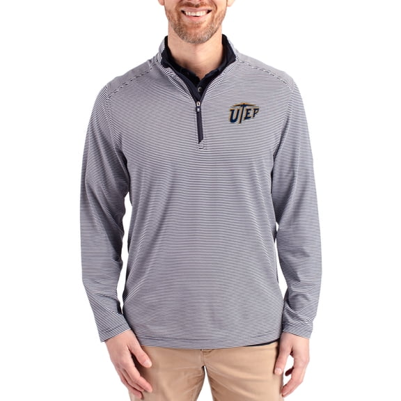 Men's-Cutter & Buck Navy UTEP Miners Virtue Micro Stripe DryTec Quarter-Zip Pullover