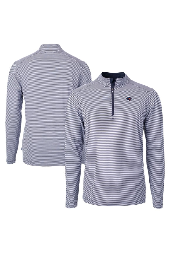 Men's Cutter & Buck Navy UTSA Roadrunners DryTec Virtue Eco Pique Micro Stripe Recycled Quarter-Zip Pullover Top