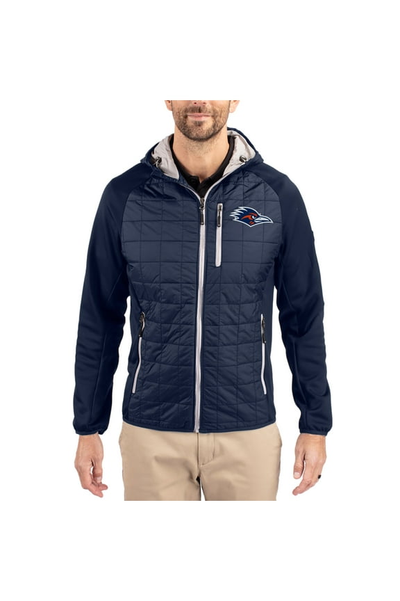 Men's-Cutter & Buck Navy UTSA Roadrunners Rainier Eco Hybrid PrimaLoft Raglan Full-Zip Jacket