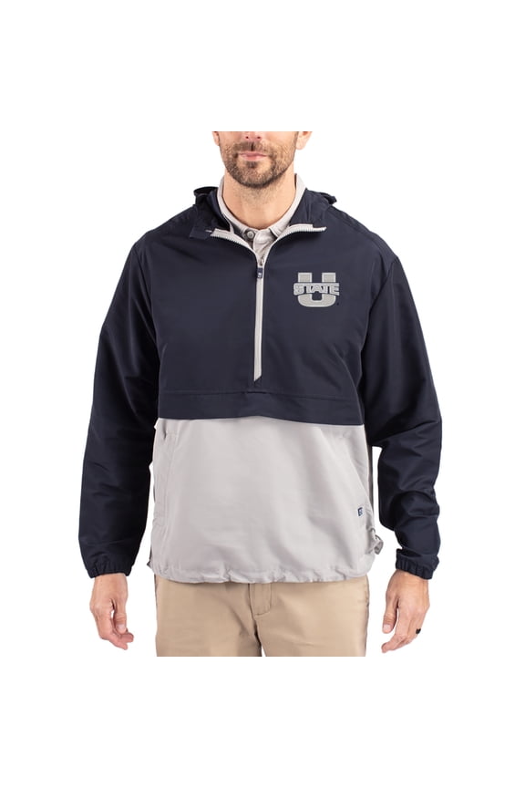 Men's Cutter & Buck Navy Utah State Aggies Charter Eco Recycled Half-Zip Anorak Jacket