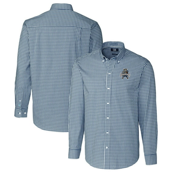 Men's Cutter & Buck Navy Utah State Aggies Easy Care Stretch Gingham Long Sleeve Button-Down Shirt
