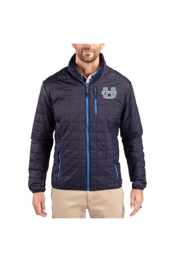 Men's-Cutter & Buck  Navy Utah State Aggies Rainier Eco Insulated PrimaLoft Full-Zip Puffer Jacket