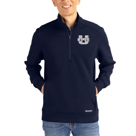 Men's-Cutter & Buck Navy Utah State Aggies Roam Eco Recycled Quarter-Zip Pullover