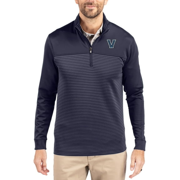 Men's-Cutter & Buck Navy Villanova Wildcats Traverse Stretch Eco Stripe DryTec Tri-Blend Quarter-Zip Pullover