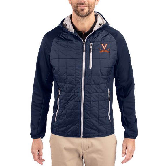 Men's-Cutter & Buck Navy Virginia Cavaliers Rainier Eco Hybrid PrimaLoft Raglan Full-Zip Jacket
