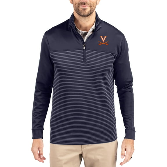 Men's-Cutter & Buck Navy Virginia Cavaliers Traverse Stretch Eco Stripe DryTec Tri-Blend Quarter-Zip Pullover