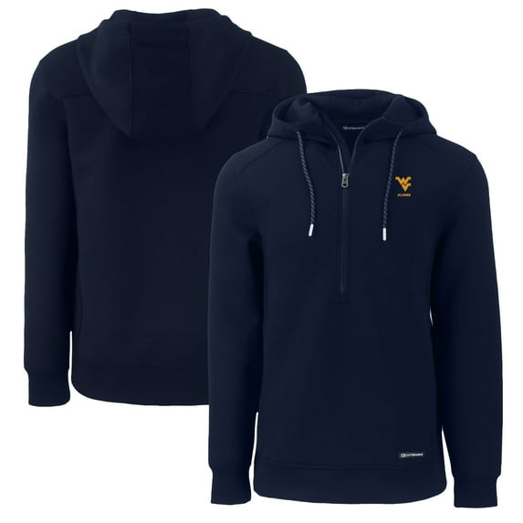 Men's Cutter & Buck Navy West Virginia Mountaineers Alumni Logo Roam Eco Recycled Half-Zip Pullover Hoodie
