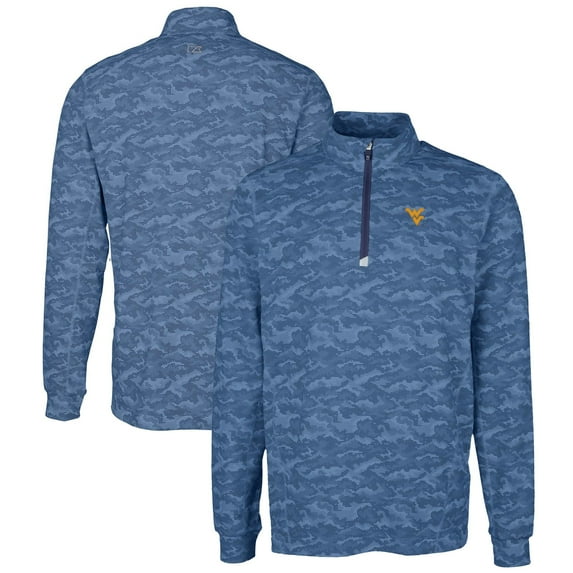 Men's Cutter & Buck Navy West Virginia Mountaineers Big & Tall Traverse Camo Print Stretch Quarter-Zip Pullover Top
