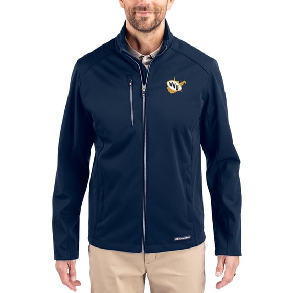 Men's Cutter & Buck Navy West Virginia Mountaineers Evoke Eco Softshell Recycled Full-Zip Jacket