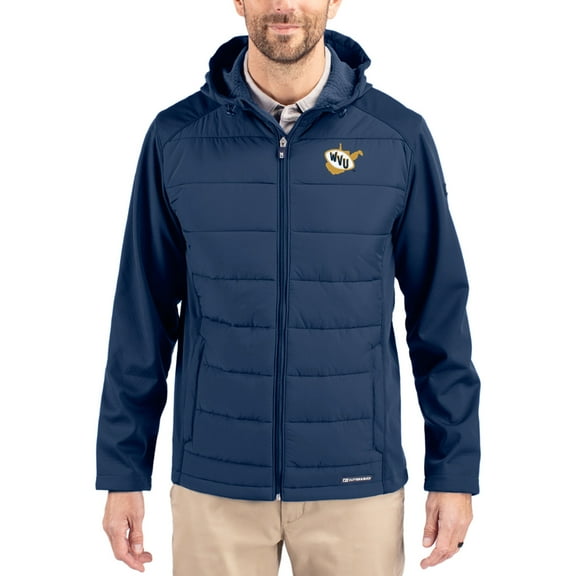 Men's Cutter & Buck Navy West Virginia Mountaineers Evoke Hybrid Eco Softshell Recycled Full Zip Hooded Jacket
