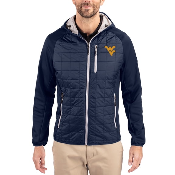 Men's-Cutter & Buck  Navy West Virginia Mountaineers Rainier Eco Hybrid PrimaLoft Raglan Full-Zip Jacket