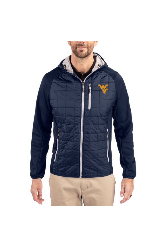 Men's-Cutter & Buck Navy West Virginia Mountaineers Rainier Eco Hybrid PrimaLoft Raglan Full-Zip Jacket