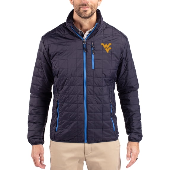 Men's-Cutter & Buck Navy West Virginia Mountaineers Rainier Eco Insulated PrimaLoft Full-Zip Puffer Jacket