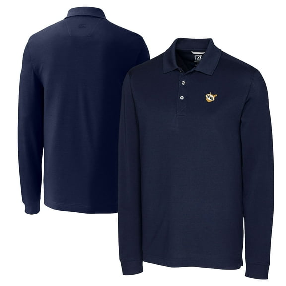 Men's Cutter & Buck  Navy West Virginia Mountaineers Vault Advantage Tri-Blend Pique Long Sleeve Polo