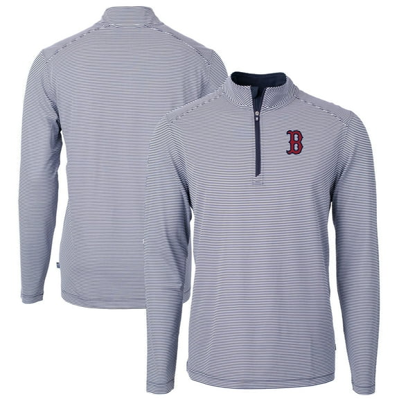 Men's Cutter & Buck Navy/White Boston Red Sox Virtue Eco Pique Micro Stripe Recycled Quarter-Zip Pullover Top