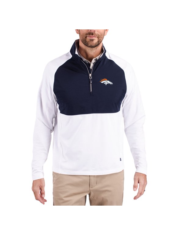 Men's Cutter & Buck Navy/White Denver Broncos Adapt Eco Knit Hybrid Recycled Quarter-Zip Raglan Jacket