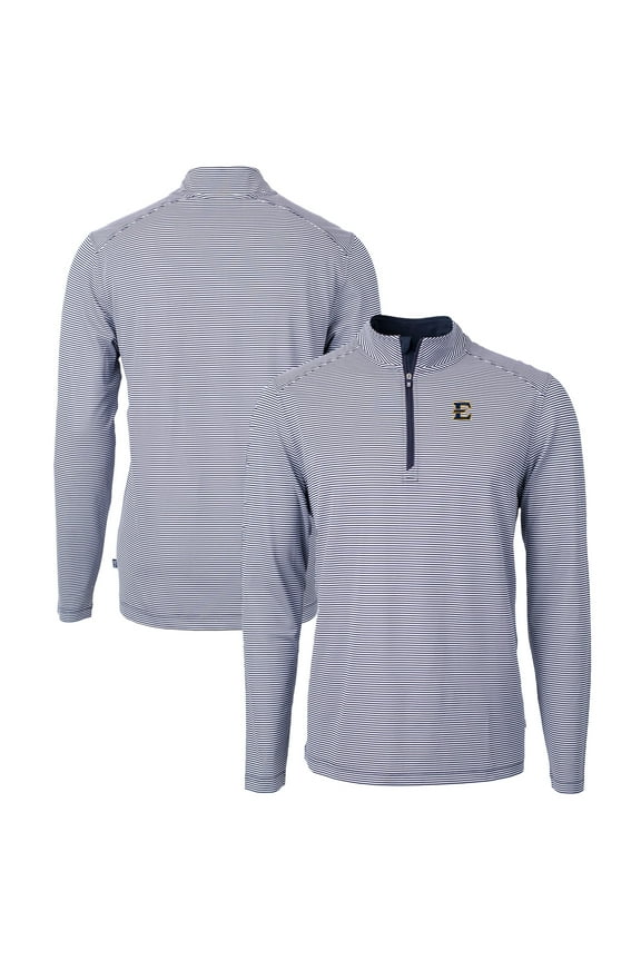 Men's Cutter & Buck Navy/White ETSU Buccaneers Big & Tall Virtue Eco Pique Micro Stripe Recycled Quarter-Zip Pullover
