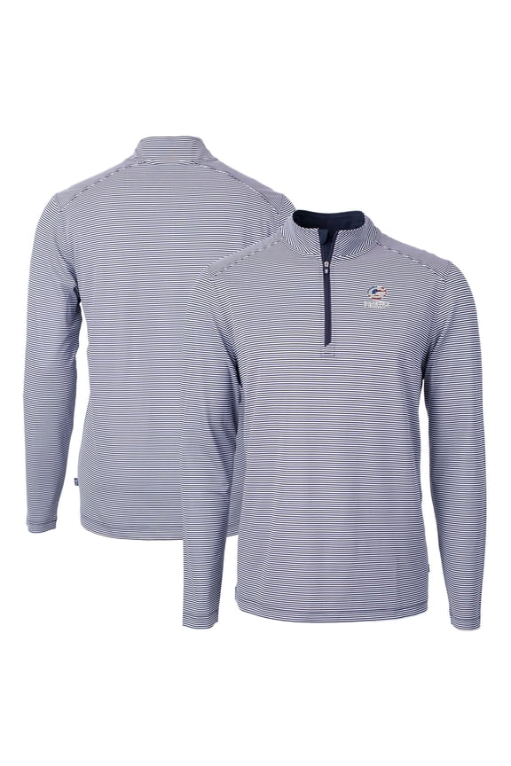 Men's Cutter & Buck Navy/White Green Bay Packers Virtue Eco Pique Micro Stripe Recycled Quarter-Zip Pullover Top